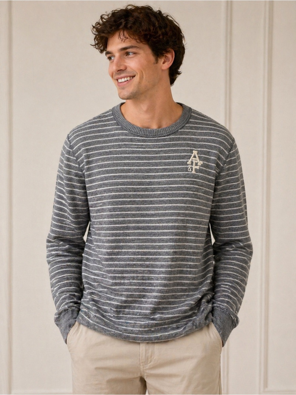 Abercrombie & Fitch XXL Gray Striped Waffle Knit Crewneck Sweater A&F Logo